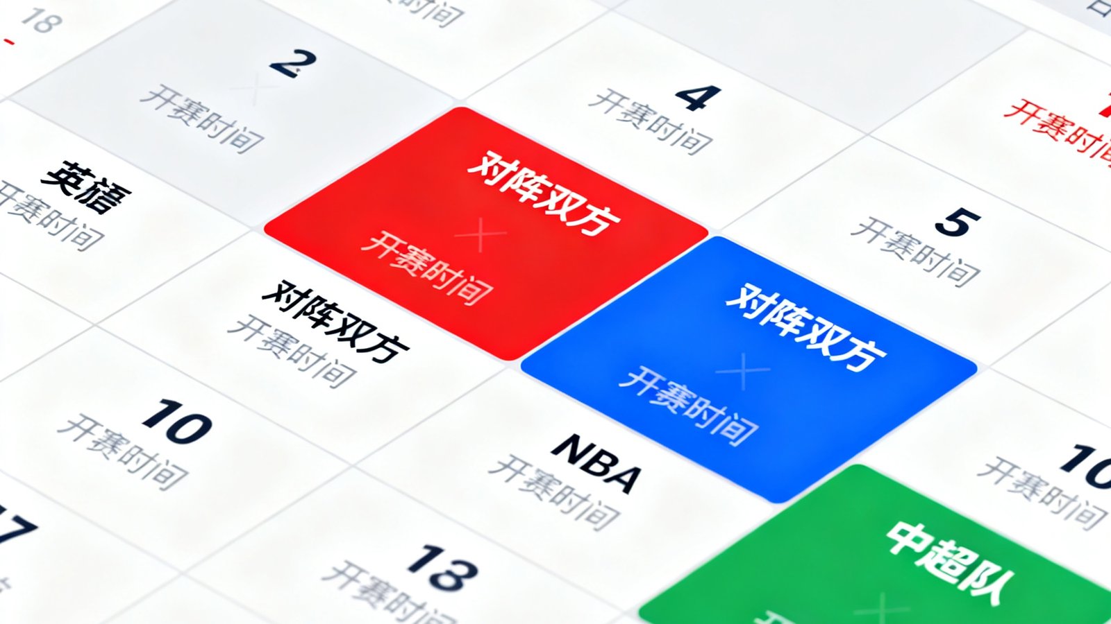 赛程日历界面以日历视图展示，不同联赛用颜色标签区分，英超红色NBA蓝色中超绿色，日期格内显示对阵双方和开赛时间